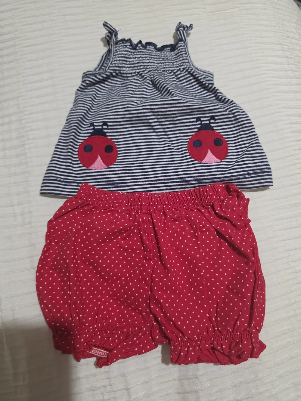 Striped Navy & White Tank with Red Ladybug Pockets Red Polka Dot Shorts Size NB